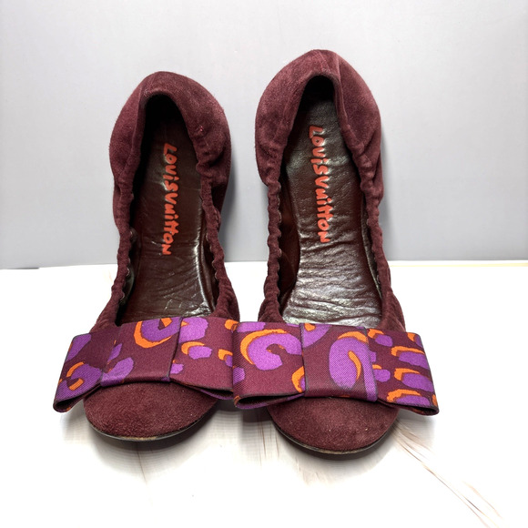 Louis Vuitton Ballet Flats Womens 6 EU 36 Burgundy Suede Bow Scrunch Shoes - Picture 1 of 9